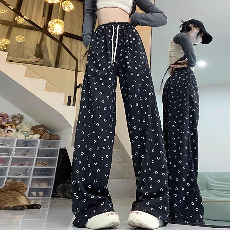 Gray Smiley Face Printed Straight Wide-leg Pants Women's Spring and Autumn New High-waisted Drape Sweatpants Loose and Thin Casual Pants