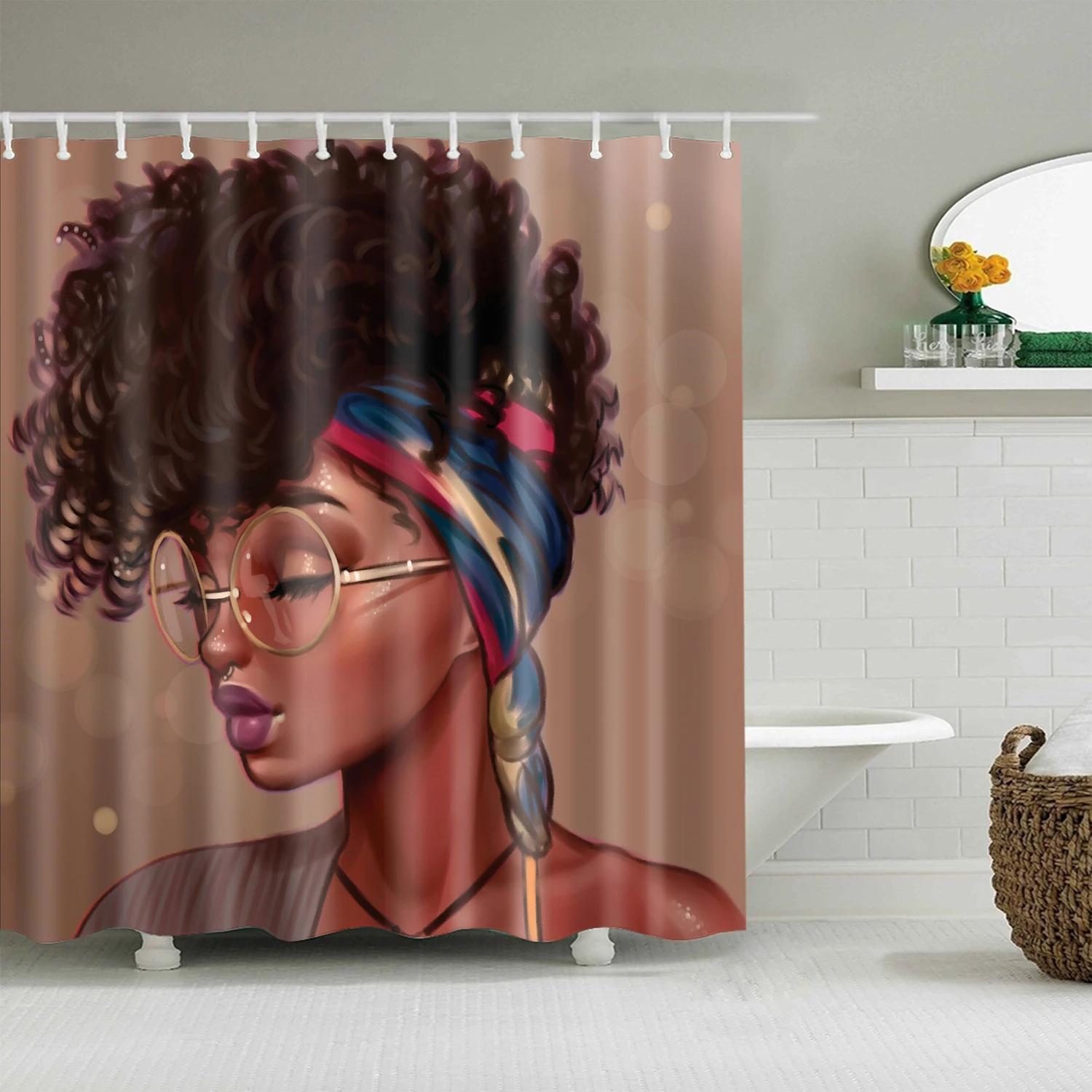 

African American Women Waterproof Shower Curtains Africa Girl Bathroom Curtains For Home Decor Polyester Bath Curtains W60H190(CM)-1 Pcs
