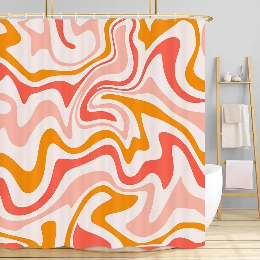 Pink Shower Curtain, Aesthetic 80 S Abstract Wave Swirl Cute Beige Shower Curtain, Retro Simple Bathroom Accessories