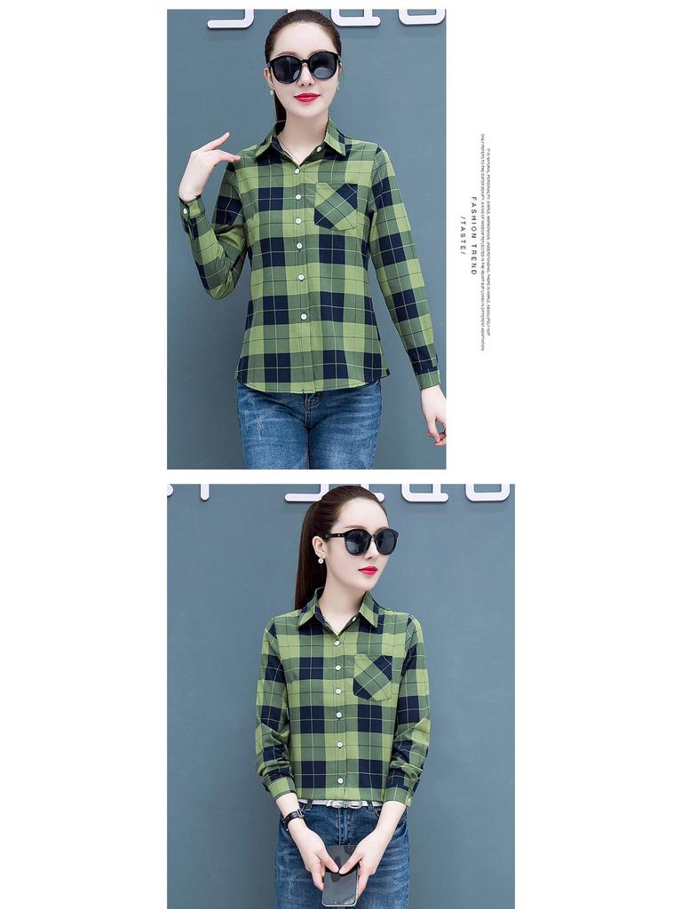 2025 Women's Korean Style Plaid Slimming Shirt - Casual Long Sleeve Print for Spring & Autumn Students
