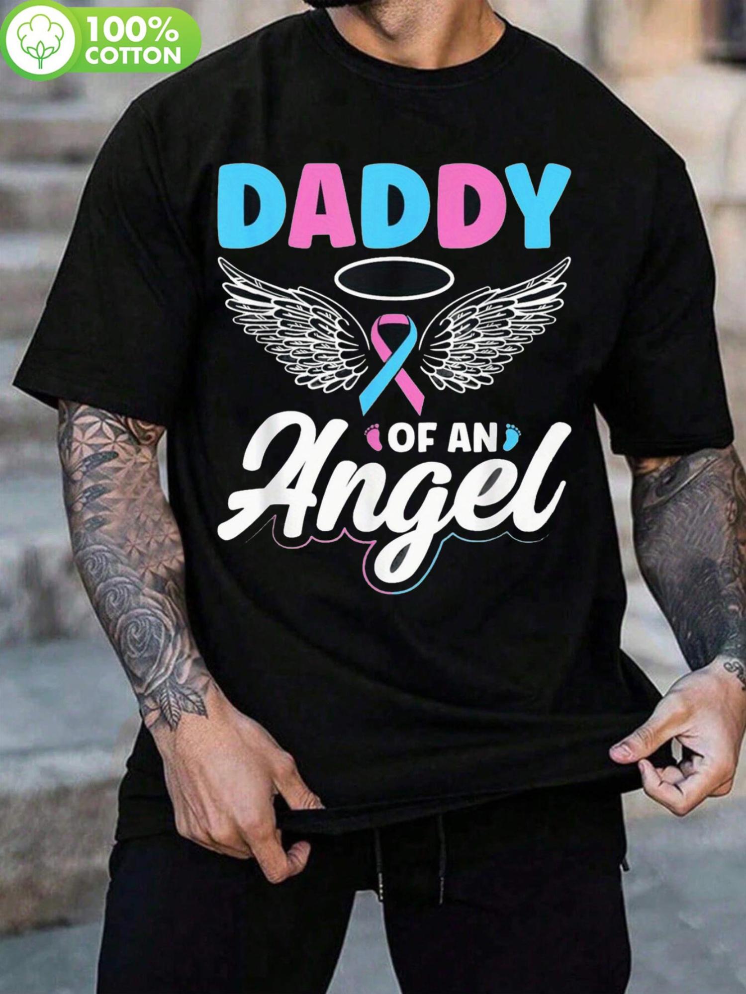 

Memorial Daddy of an Angel Graphic T-shirt - 100% Cotton Black Short Sleeve Tee with Wings & Pink Ribbon Design M