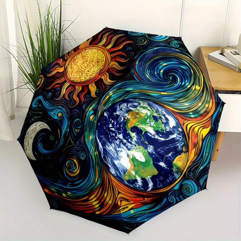 

Sun, Earth Themed Automatic Opening and Closing Umbrella, Portable Tri fold Small Umbrella for Men and Women,Gift0725010z