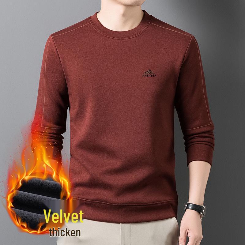 Men's Plus Velvet Thickened Versatile Winter Hoodie - Mid-Aged & Young, Warm Round Neck Long Sleeve Base Layer