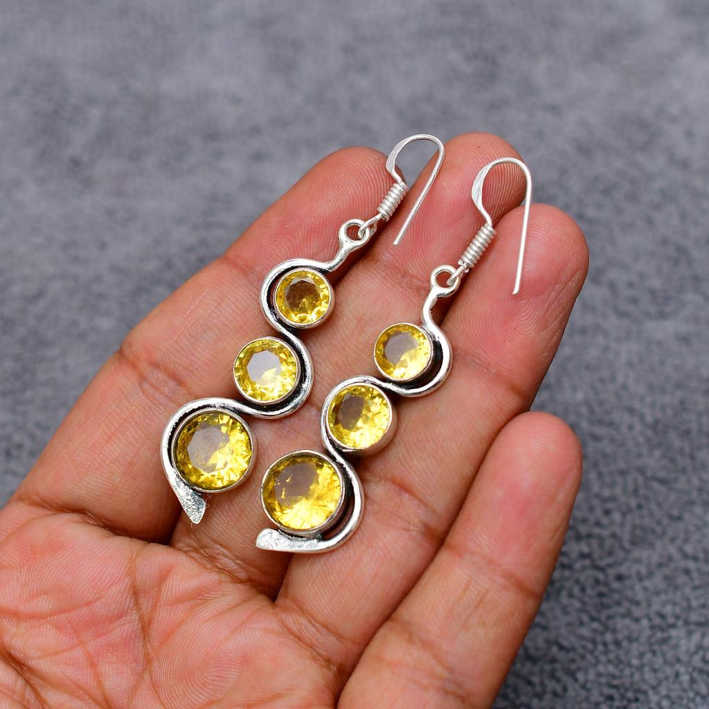 Citrine Gemstone : 925 Sterling Silver Handmade Long Earring's Jewelry