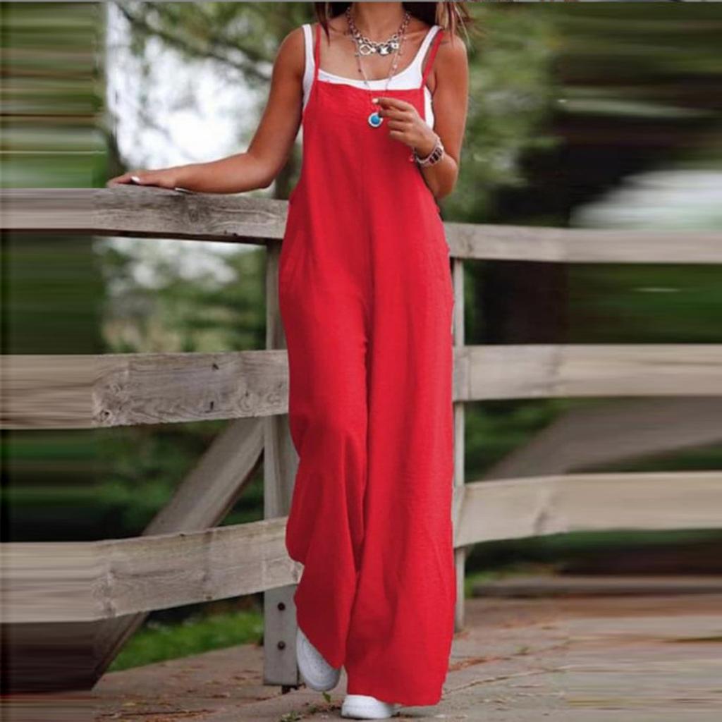 Women's Fashion Casual Cotton And Linen Adjustable Suspender Jumpsuit Pants Solid Color Leg Split Jumpsuit