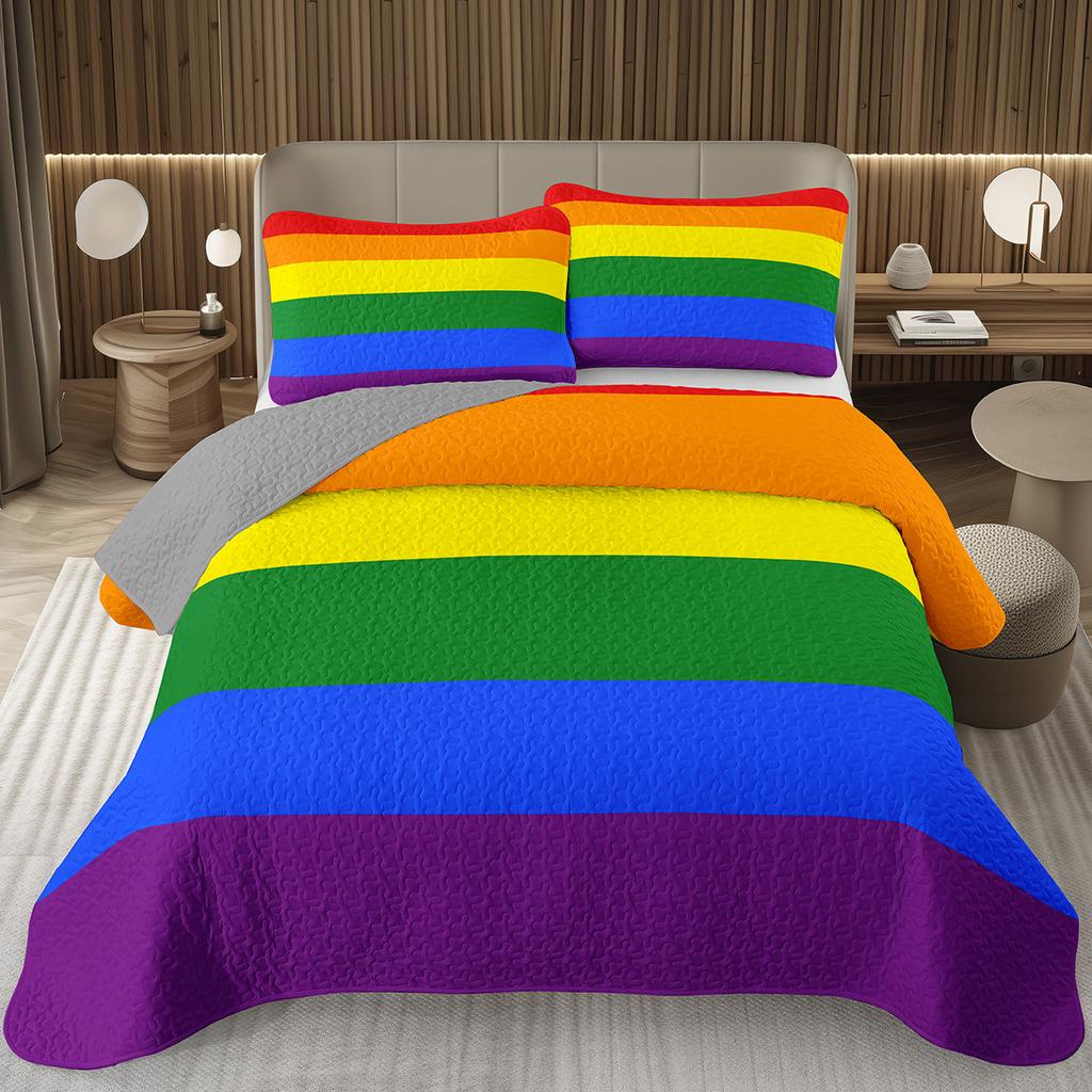 Rainbow Bedspread Queen/Full People Celebrating International Day for LGBT Community Quilt Set Colorful Rainbow Striped Coverlet