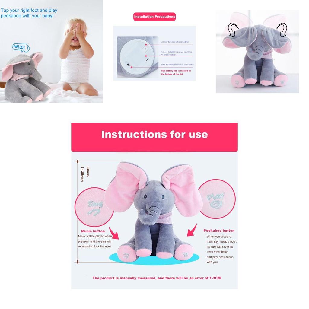 Adorable Peek-a-boo Elephant Singing Baby Plush Toy For Kids In Pink And Gray