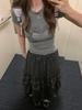 Women's Retro Gray Plaid Patchwork Layered Long Skirt with Heavy Embroidery For Autumn/Winter