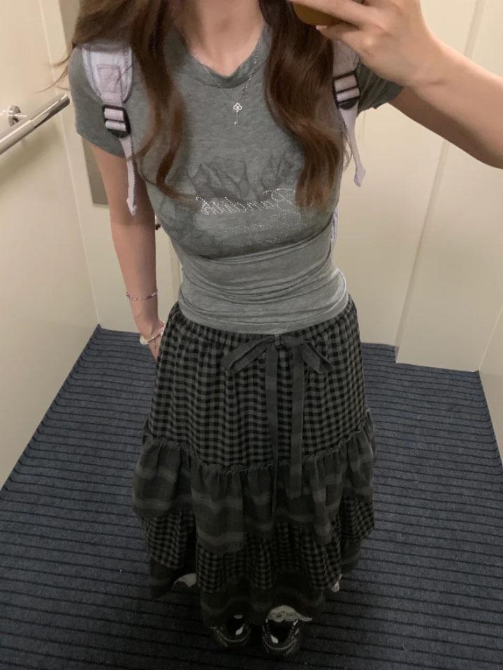 Women's Retro Gray Plaid Patchwork Layered Long Skirt with Heavy Embroidery For Autumn/Winter