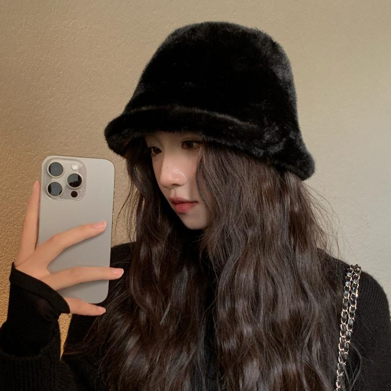 Korean Version of Autumn and Winter New Hat for Women Imitation Mink Hair Solid Color Versatile Fisherman Hat for Winter Warmth Simple Plush Hat