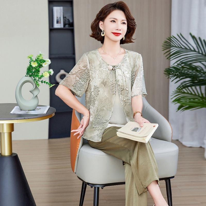 

Шикарный летний комплект-двойка в китайском стиле большого размера для зрелых женщин 5XL (160-170 jin)