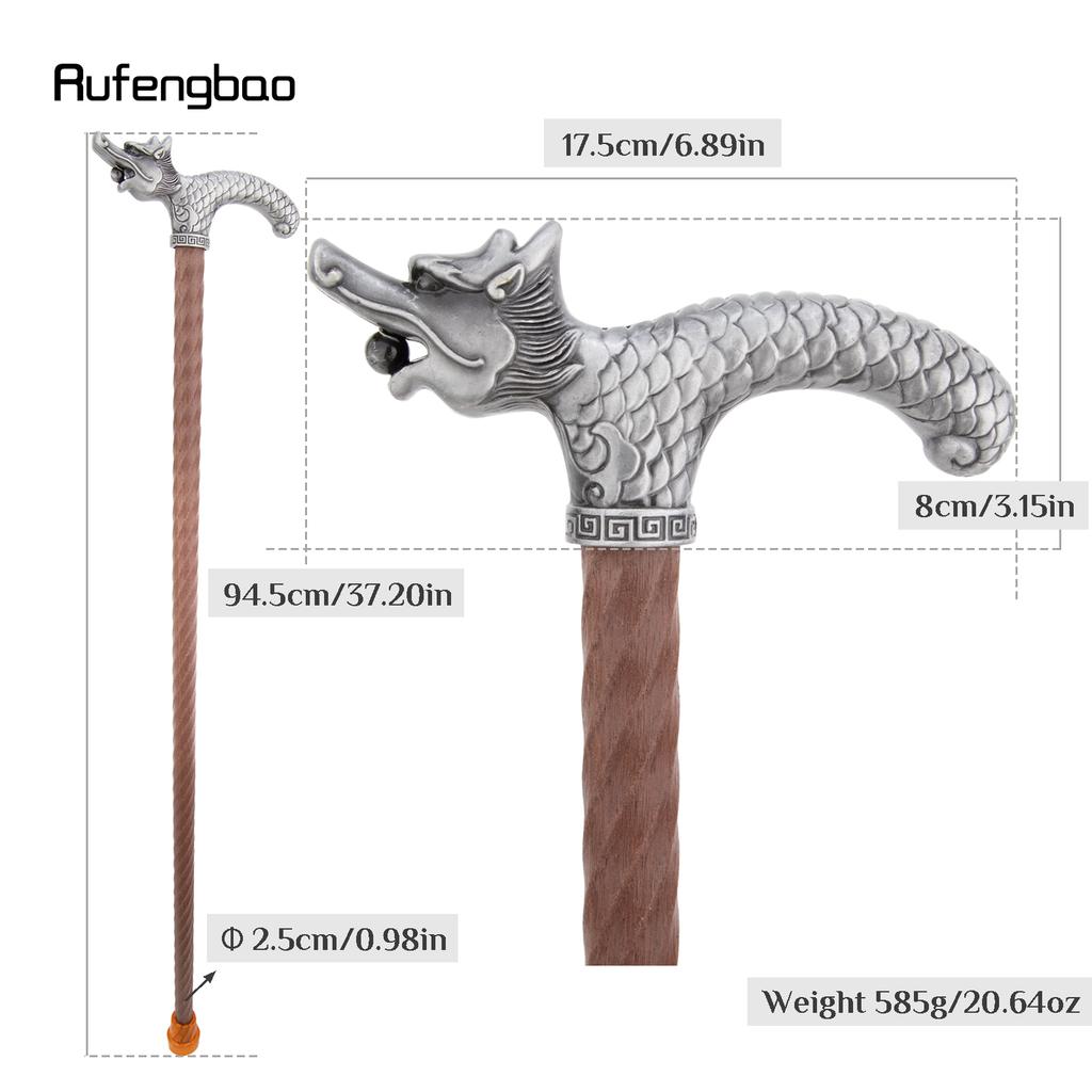 Silver Dragon Wooden Single Joint Fashion Walking Stick Decorative Cospaly Cane Halloween Mace Crutch Wand Crosier 95cm