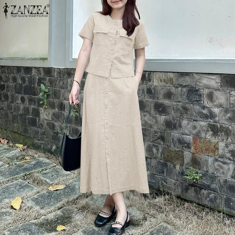 ZANZEA Women Short Sleeve Blouse and Long Skirts Summer Two Piece Suit Sets