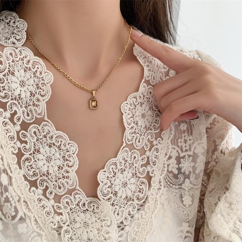 Blue-Green Champagne Gemstone 18K Plated Titanium Steel Retro Necklace - Trendy European American Style for Women and Couples.