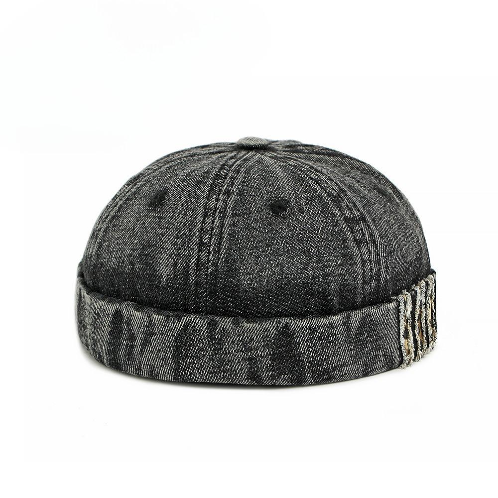 Vintage Washed Denim Brimless Hat for Men Women Streetwear Miki Hat Distressed Skull Cap Retro Docker Hat Spring Autumn Casual Cap adjustable(55-60cm) чёрный