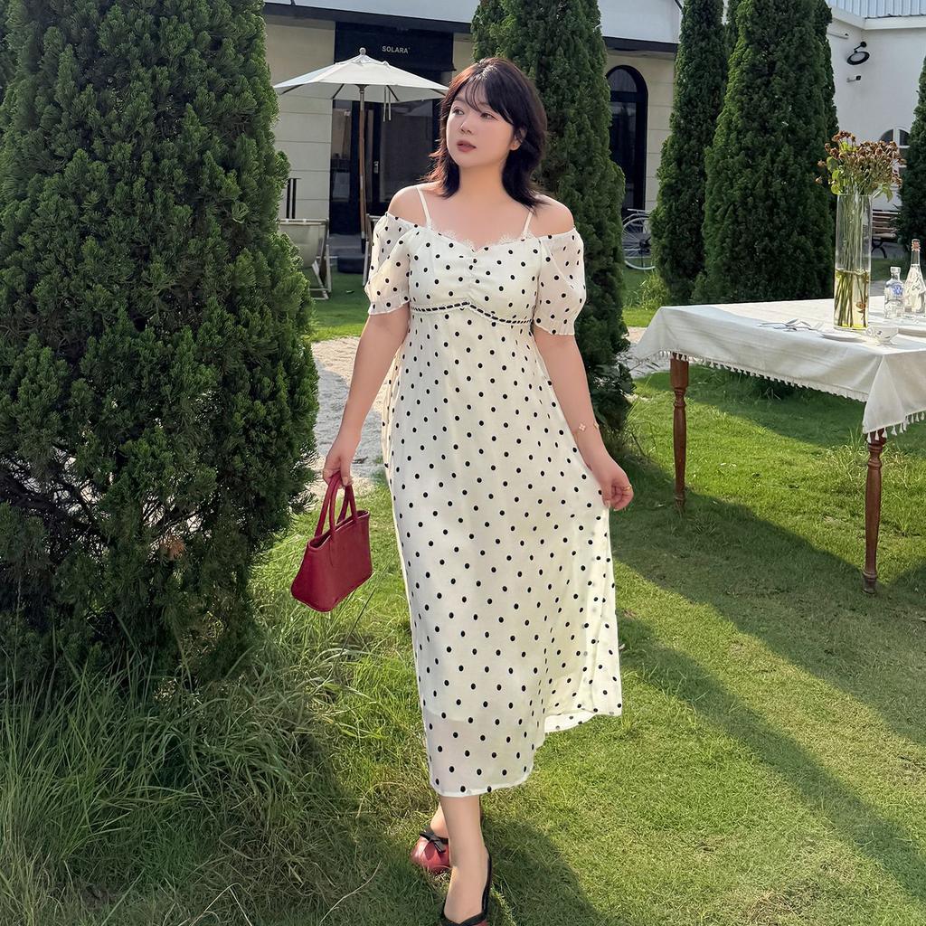 Large size women's Hepburn style polka dot dress 2026 summer waist thin elegant long skirt 254771