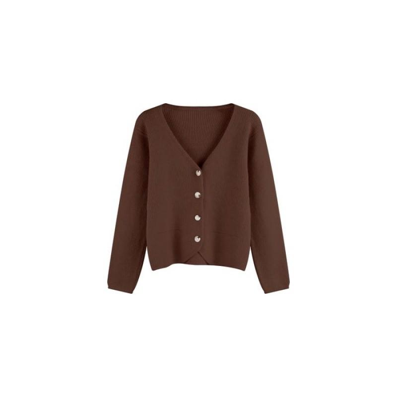Womens Casual Minimalist V-Neck Single-Breasted Breathable Knit Cardigan Long Sleeve Top Fall