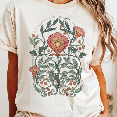 Art Nouveau Shirt, Celestial Garden T-shirt, Sun and Flower Tee, Botanical Art Gift, 1717