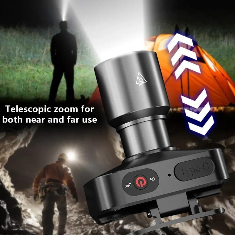 Super Bright LED Headlamp USB-C Rechargeable Camping Headlamp Zoomable Head Torch 3 Mode Dimming Emergency Work Lamp For Running