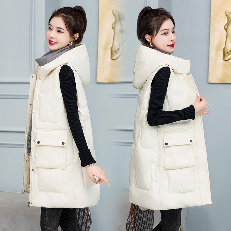 New medium and long cotton jacket down cotton vest autumn and winter women's vest loose hooded big pocket vest jacket