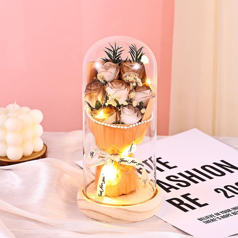 Qixi Festival Valentine's Day Gift Log Base Immortal Rose Glass Cover Creative Soap Flower Gift