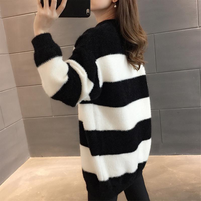 Sweater for Women Autumn Winter Plus Size Thickened Warm Knitted Stretchy Long Sleeve Striped Tops