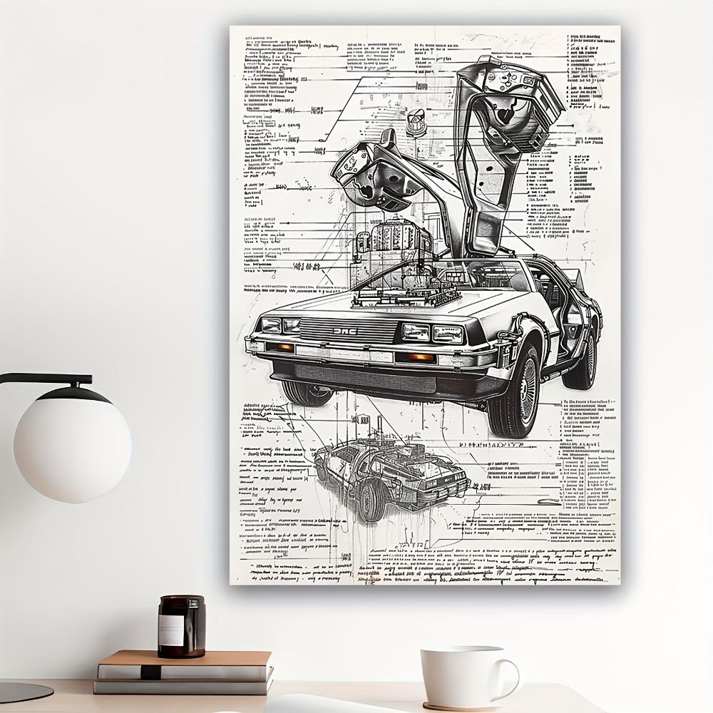 DeLorean time machine blueprint poster x inch D iron sheet painting retro wall art living room office decoration 20x30cm(7.8x11.8inch)