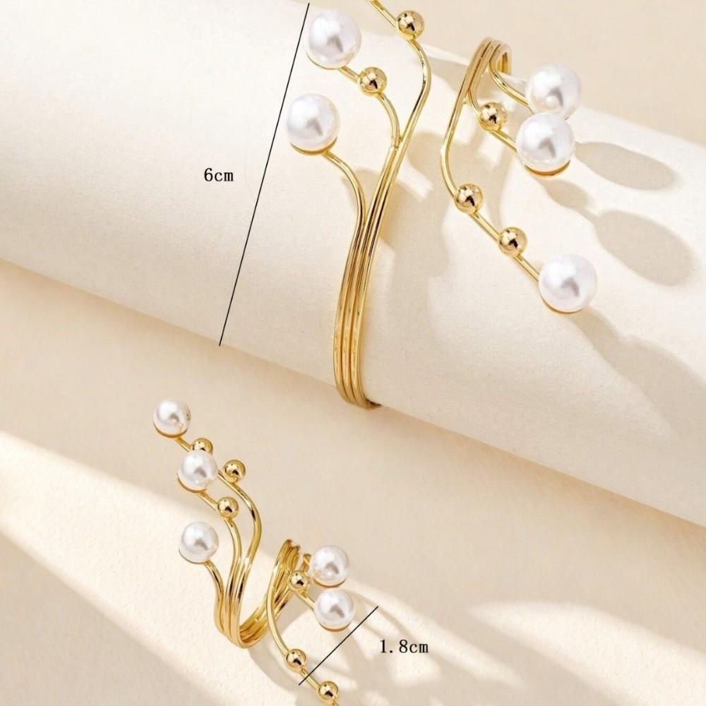 Imitation Pearl Bracelets Rings Set for Women Chunky Advanced Wrap Bracelets Ring Personality Adjustable Fit Irregular Bracelet