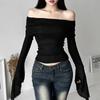 VAYLA Y2k Aesthetic Women Translucence Tee Shirts Slash Neck Long Sleeve Solid Casual T-Shirts Vintage Off Shoulder Sexy Cute Tshirts