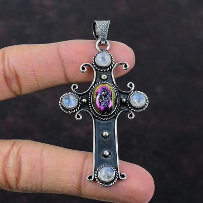 Ciondolo Druzy in titanio Ciondolo in pietra preziosa arcobaleno con pietra di luna Ciondolo in argento sterling 925 Ciondolo croce in titanio Druzy fatto a mano per regalo
