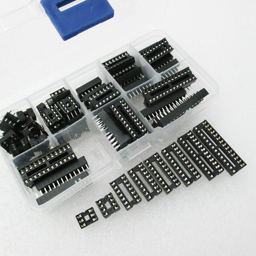 66pcs Ic Socket Box Kit Plug-in Chip Socket 6pin 8pin 14pin 16pin 18pin 20pin 24pin 28pin 8 Values
