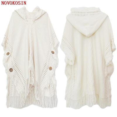 Poncho suelto con botones para mujer, suéter tejido con mangas murciélago, ropa de calle larga con borlas, jersey con sombrero, primavera y otoño, 10 colores