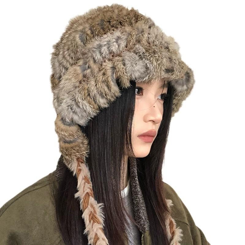 Rabbit Hair Blended Hat for Women In Autumn and Winter Thickened Warm Wool Hat Cold Protection Ears and Face Small Bag Head Hat Pullover Hat