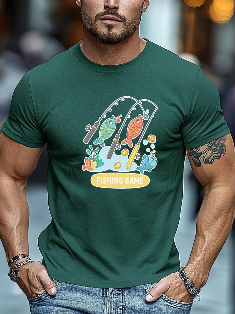 Mens Summer Fishing TShirt Fishing Game Rod Fish Print Short Sleeve Round Neck Soft Oversized Playful Daily Wear