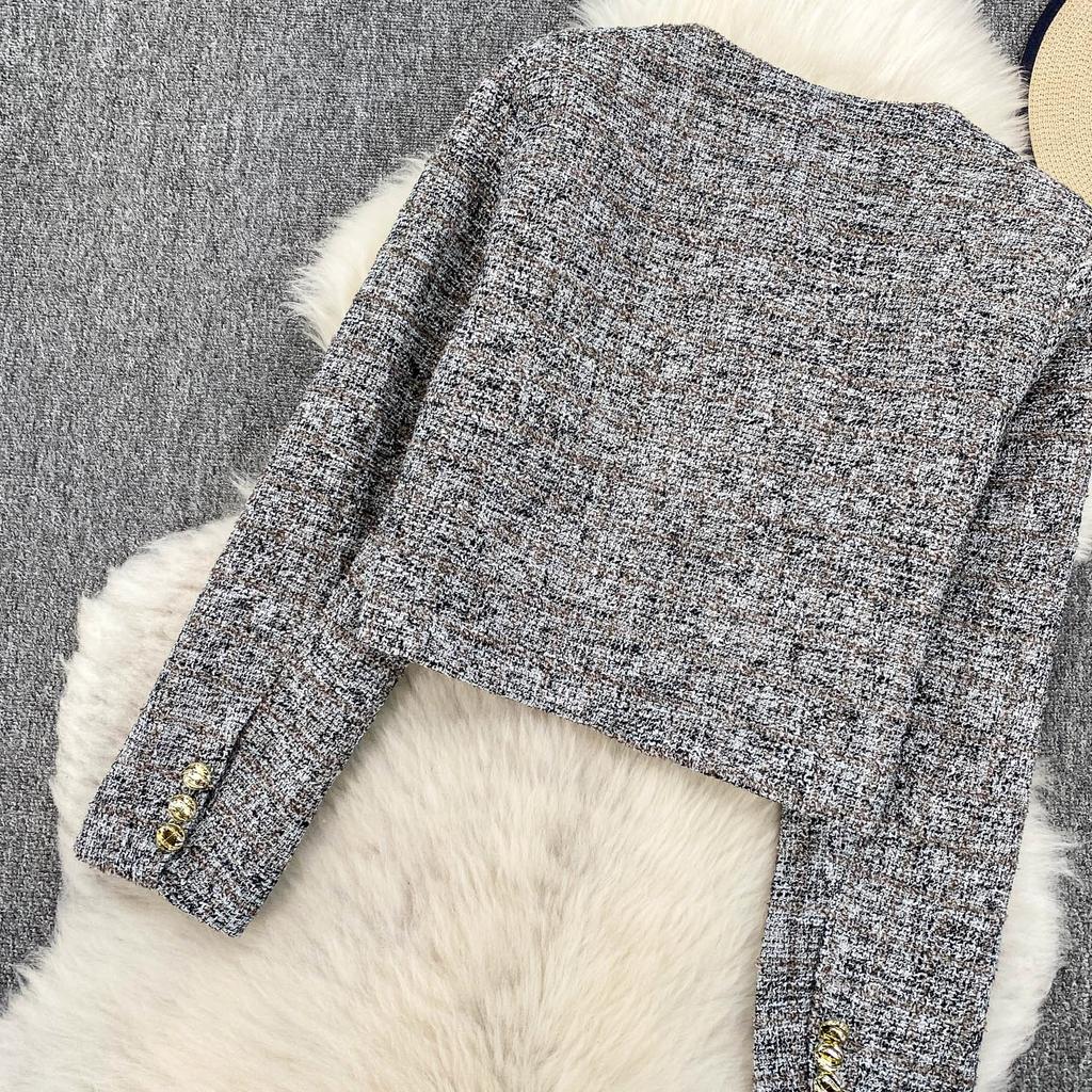 Autumn Winter Women Elegant Little Fragrant Wind Full Sleeve Single Breasted Tweed Short Jacket Coat With Pocket