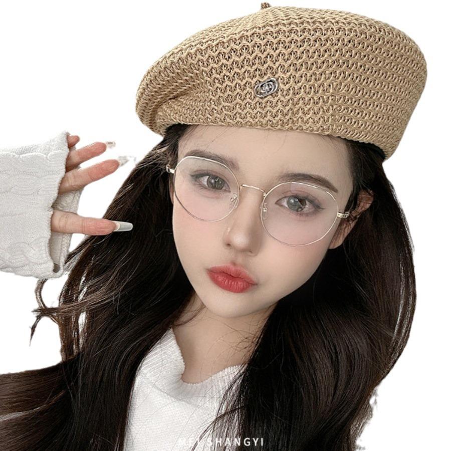Summer new hat women's sunshade thin knitted beret versatile breathable hollowed out big head bud painter hat
