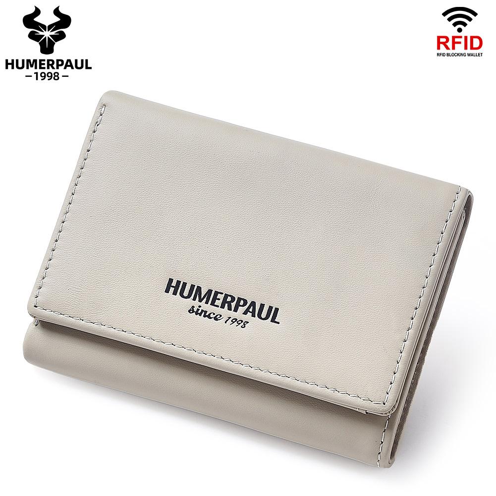 Humerpaul Ladies First Layer Cowhide Three-folding Wallet RFID Anti-theft Brush Portable Wallet Multi-card Slot Large-capacity Multi-compartment