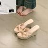 Women Wedge Shoes New Summer Outerwear Slip on Straw One Word Slippers Comfortable Non Slip Breathable Platform Sandals