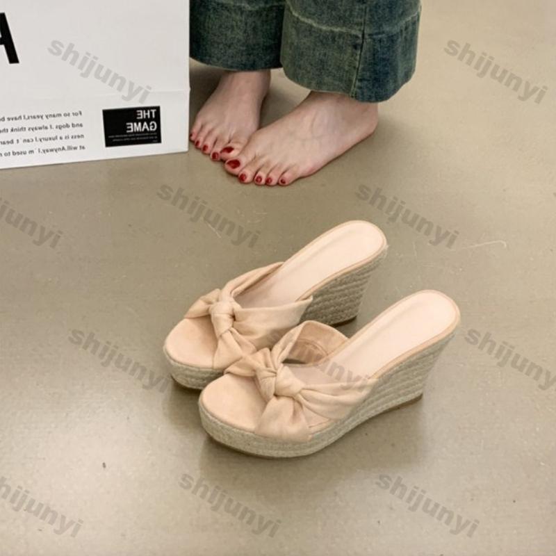 Women Wedge Shoes New Summer Outerwear Slip on Straw One Word Slippers Comfortable Non Slip Breathable Platform Sandals