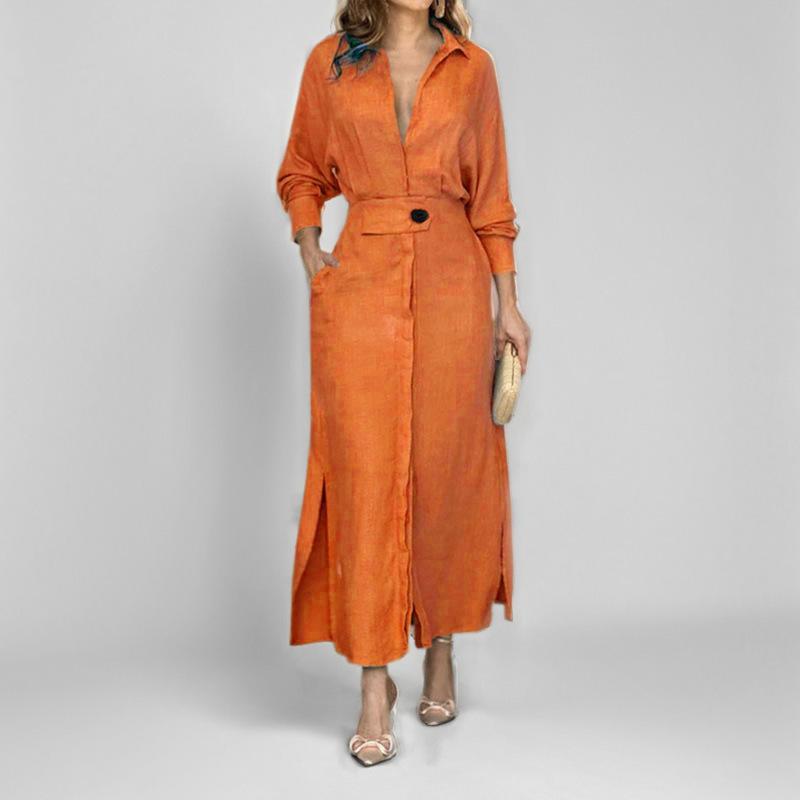Spring Autumn Polo-neck Elegant Fashion Waist Dress Women Long Sleeve Solid Color Casual Robe Vestidos