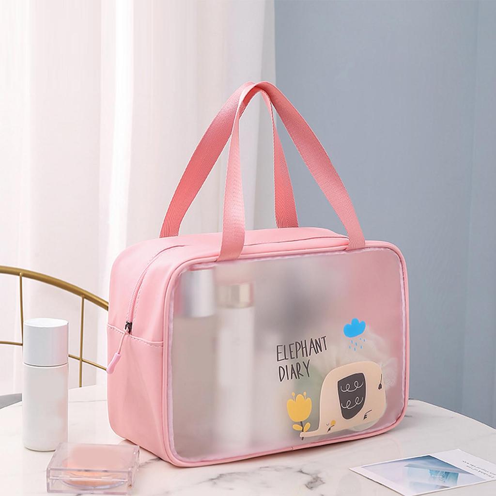 Cosmetic Bag PU PVC Clear Cartoon Pattern Handheld Waterproof L Size Makeup Bag for Swimming Toiletry Pink