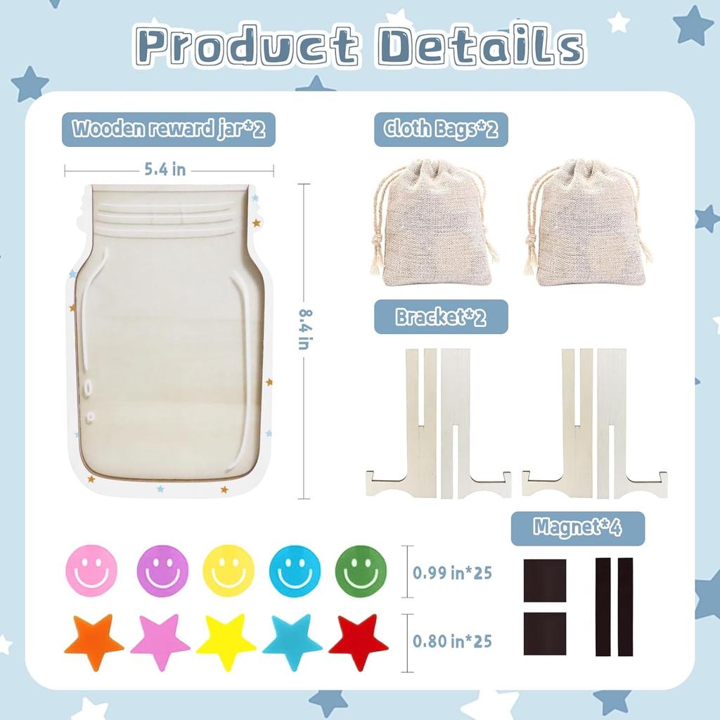 Magnetic Reward Jar: 2 Pack Star and Smiley Design Dual Mounting Stand or Fridge Surface Positive Reinforcement Behavior Training Tool for Kids Boys