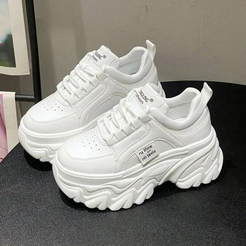 White Black Chunky Sneakers Women Spring Autumn Thick Bottom Shoes Woman's Fashion PU Leather Platform Sneakers Ladies Lace-up