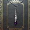 Temperament Goth Sliver Color Carving Teardrop-shaped Purple Crystal Pendant Necklace for Women Halloween Party Witch Jewelry