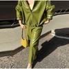 Women Green Stand Collar Leather Jacket Fashion Zipper Long Loose Outerwears Chic 2025 New Autumn Fashion High Street Lady Wear