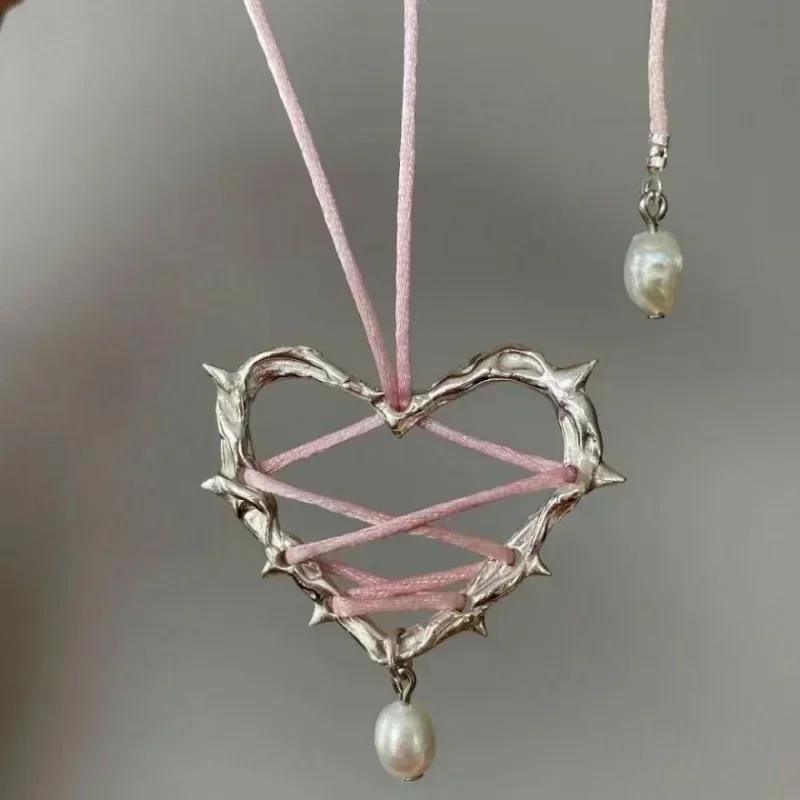 Y2K Pink Rope Tied Peach Heart Pendant Necklace for Women Retro Sweet Harajuku Necklace Charm Aesthetic Jewelry Gift