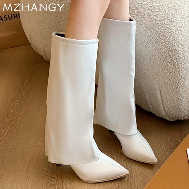 Women High Boots Pointed Toe Leather Shoes Winter Designer Mid Heels Party Shoes Women 2024 Trend Snow Boots Elegant Mujer Botas