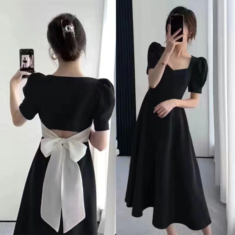 

2023 French Hepburn Style Summer Dress with Tie-Back and Slim Waist 3XL чёрный