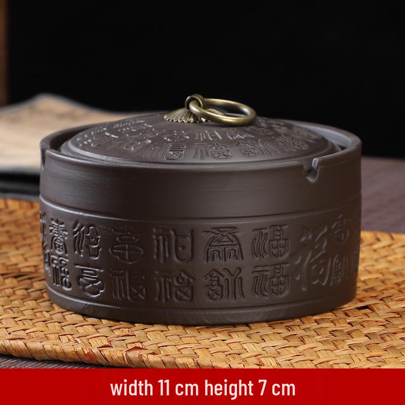 Zisha Ceramic Ashtray with Lid: Medium, Fly-Proof, Retro Home & Office Decor for Extinguishing Cigarettes.