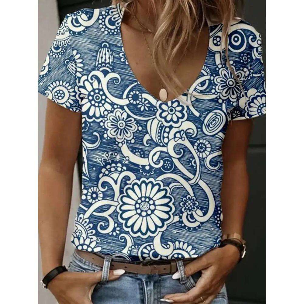 Modna koszulka damska druk 3d dekolt w serek topy z krótkim rękawem Tees letnie ubrania Y2k 2023 nowa odzież damska duży rozmiar T Shirt